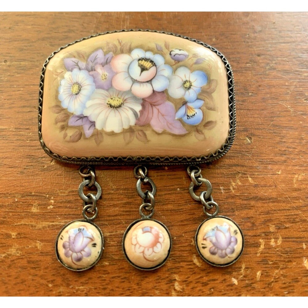 Vintage Russian Finift Painted Enamel Brooch – Pastel Floral – 3 Dangling Rare